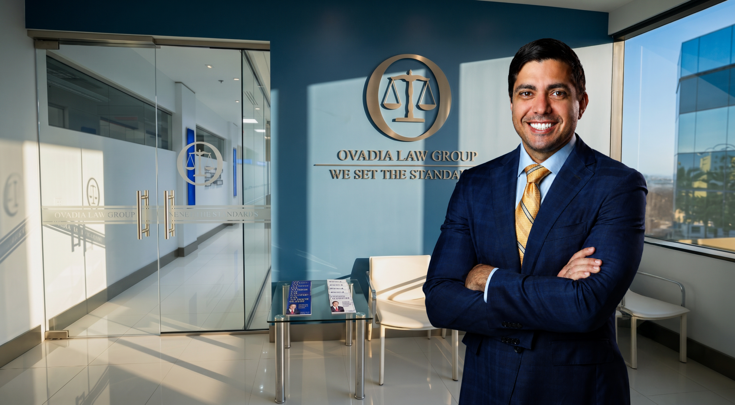 Abraham Ovadia, attorney, standing in his firm lobby